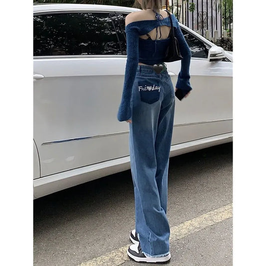 Chic Pearl Detail Jeans – High-Waist Straight Wide-Leg Pants