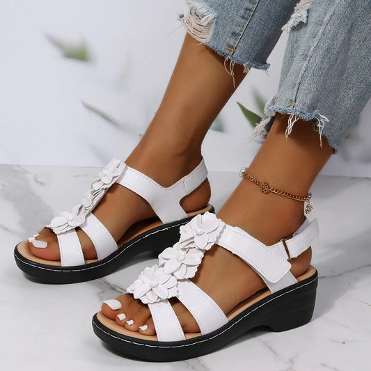 Women's Summer Velcro Wedge Sandals with Flowers